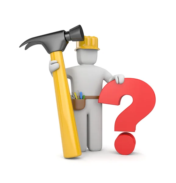 3d worker with hammer and question — Stock Photo, Image