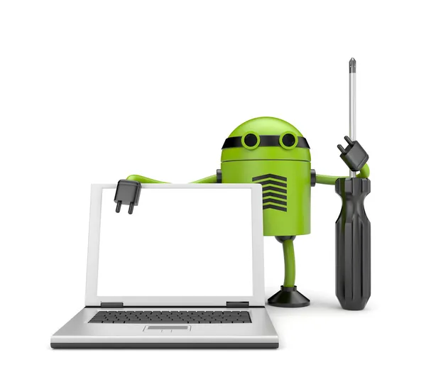 Robot met laptop — Stockfoto