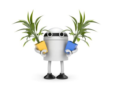 Robot holding pots with flowers clipart