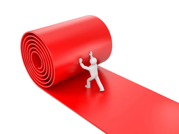 3d persona rodando alfombra roja sobre fondo blanco —  Fotos de Stock