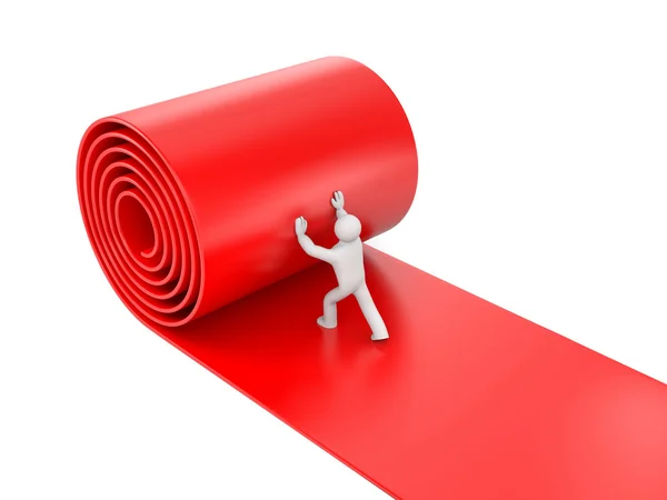 3d person rolling red carpet on white background — Stock Photo, Image