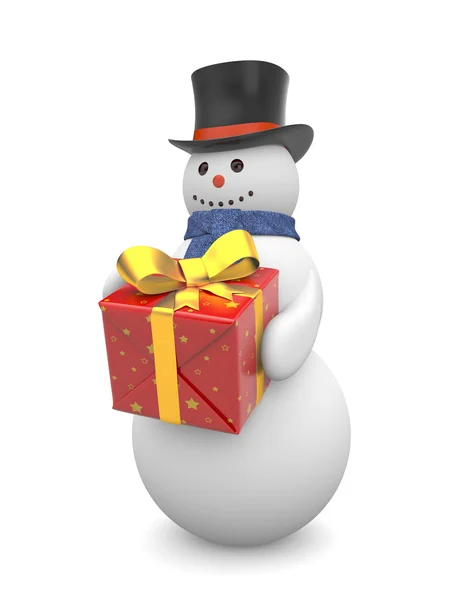 Χιονάνθρωπος με δώρο. εικόνα περιέχει διαδρομή αποκοπής — Φωτογραφία Αρχείου