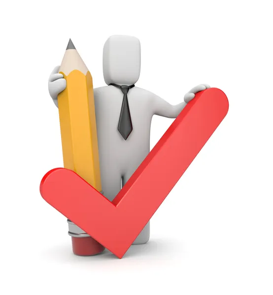 3d person with pencil and check symbol — Stock Photo, Image