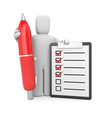 3d Person with clipboard and pen clipart