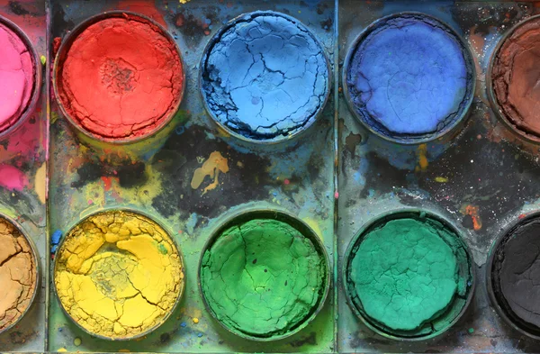 stock image Very old messy used water color paint box