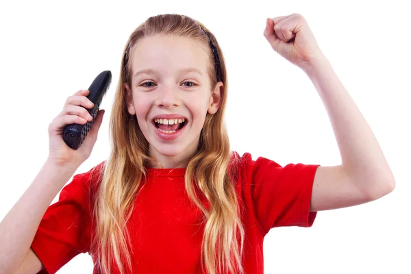 Κορίτσι καλεί το τηλέφωνο και laughts — Φωτογραφία Αρχείου