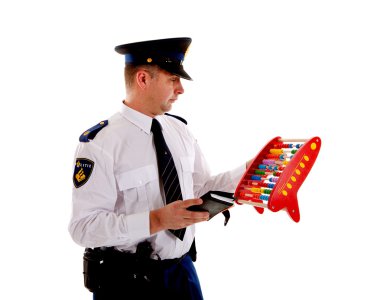 Dutch police officer is counting vouchers quotas with abacus clipart