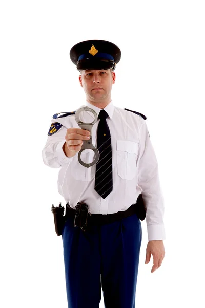 Police officer is showing handcuffs — Stock Photo, Image