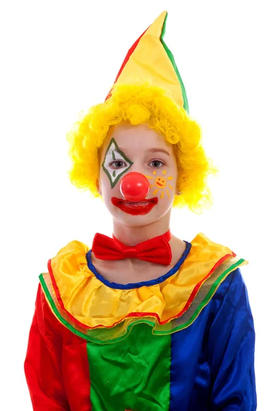 Portrét dítěte oblečený jako barevné legrační klaun — Stock fotografie