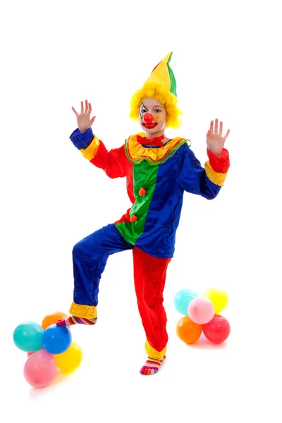 Bambino vestito da buffo clown colorato — Foto Stock