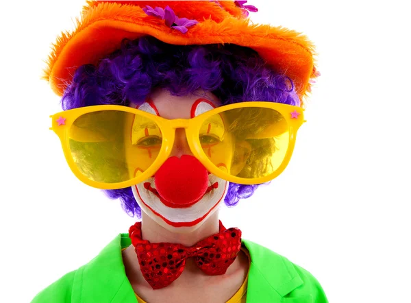 Porträtt av barn klädd som färgglada rolig clown — Stockfoto