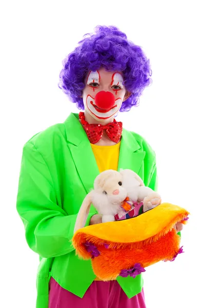 Clown and magic rabbit out of hat — Stock Photo, Image