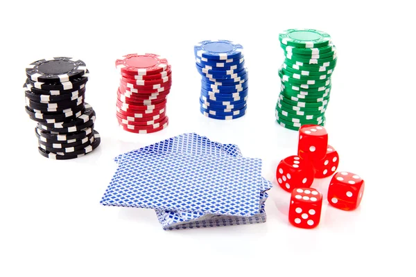 Colorful casino chips, carts and dices — Stock Photo, Image