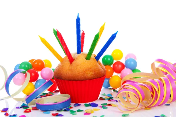 Birthday cupcake with lots of candles — Stock Photo, Image