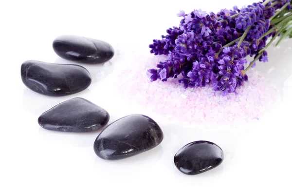 Schwarze Kieselsteine und Lavendelblüten — Stockfoto