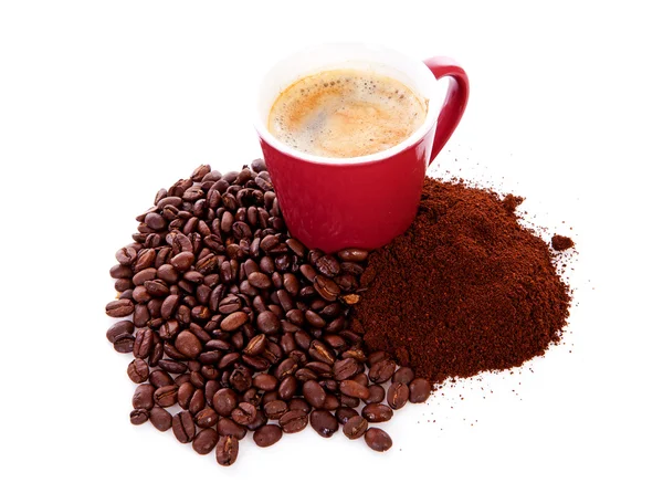 Cup in stapel van geroosterde bonen en regelmatige koffie — Stockfoto