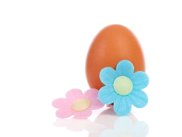 Satu telur ayam dengan bunga merah muda dan biru — Stok Foto