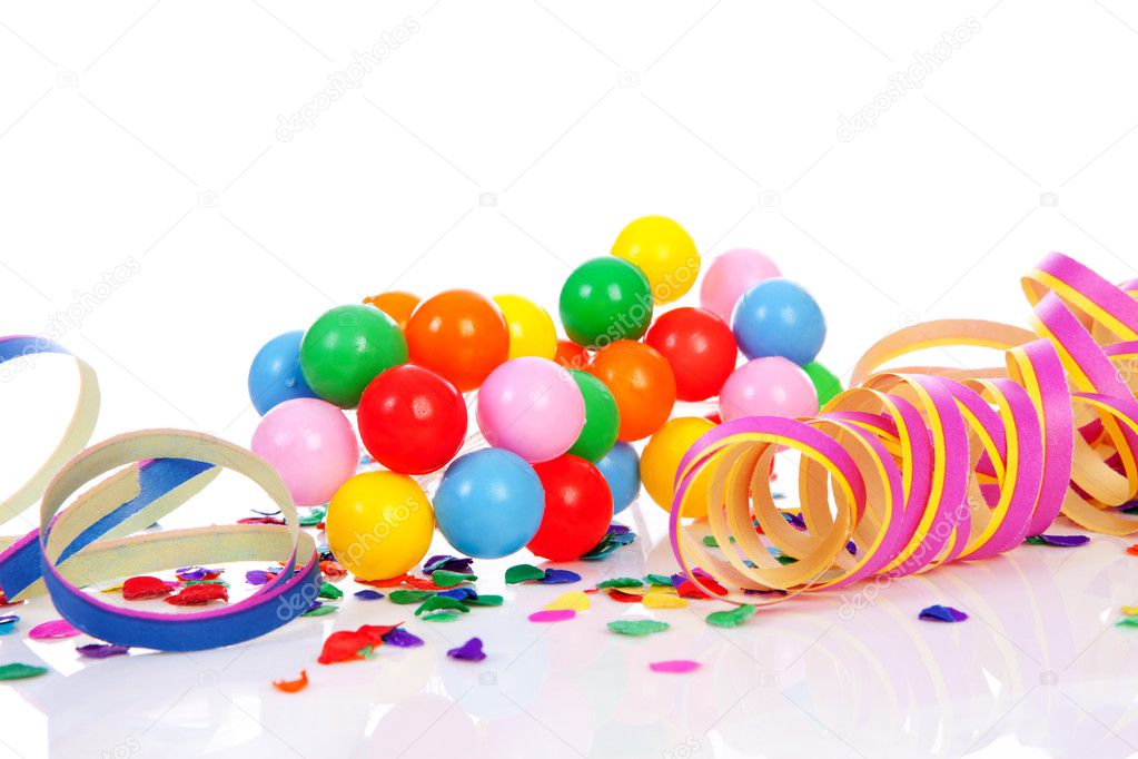 Colorful confetti, balloons and party streamers
