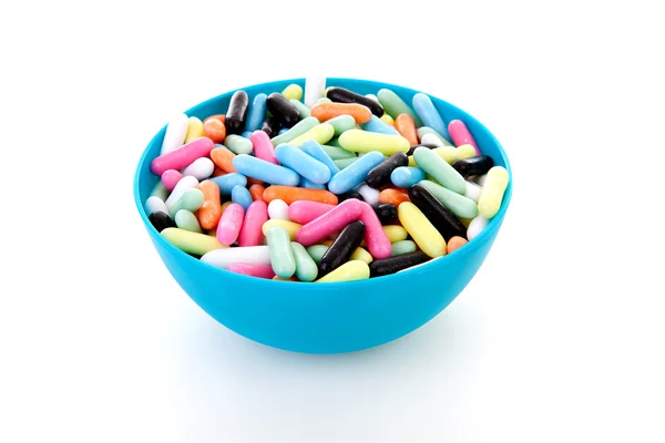 Mísa s pruty candy barevné tkaničky — Stock fotografie
