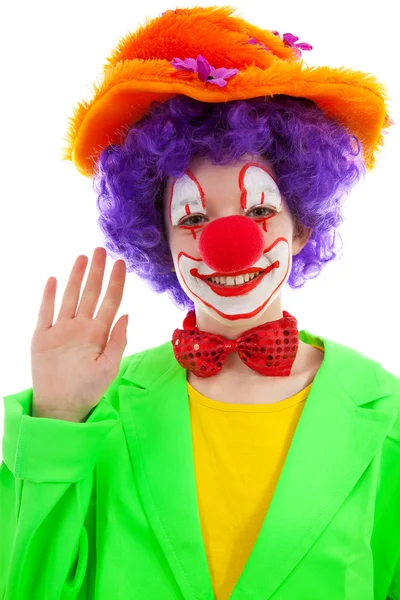 Portrét dítěte oblečený jako barevné legrační klaun — Stock fotografie