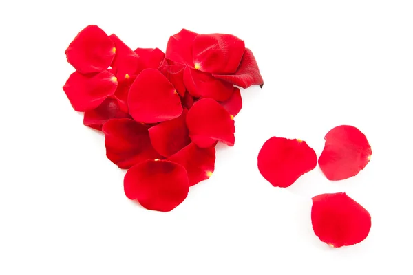 红色玫瑰花瓣放在心的形状 — 图库照片