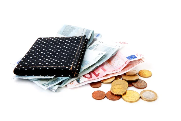 Чорний гаманець з євро гроші — стокове фото