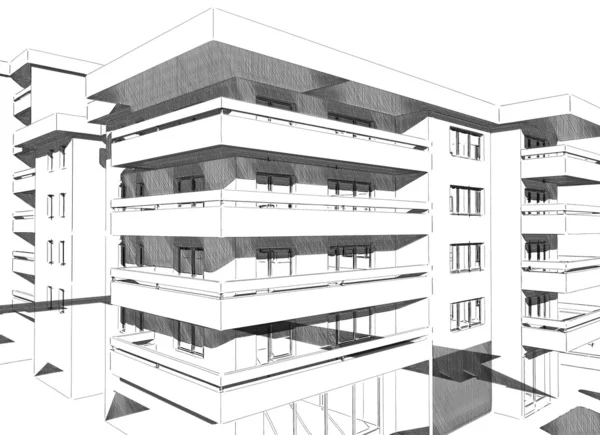 Ideia de esboço, desenho de edifício residencial — Fotografia de Stock