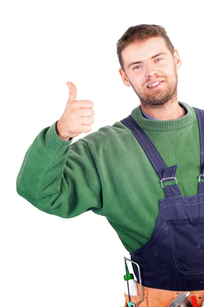 Real handsome carpenter showing thumb up — Stock Photo, Image