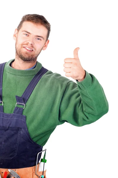 Real handsome carpenter showing thumb up — Stock Photo, Image