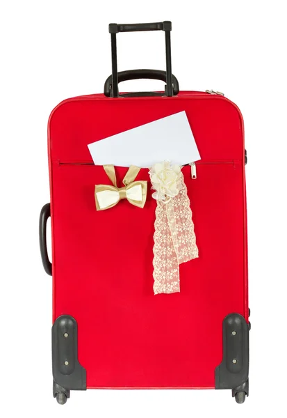 Βαλίτσα με λευκό κενό ΥΛΙΚΑ για ΓΑΜΟ ΒΑΠΤΙΣΗ. κάθετη. πάνω από το λευκό — Φωτογραφία Αρχείου