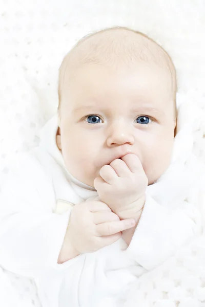 Newborn baby closeup portrait over white soft background. Indigo — Stock fotografie