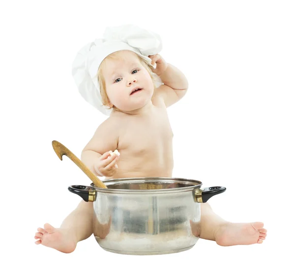 Μωρό μάγειρας στο καπέλο του σεφ με μεγάλη κατσαρόλα — Φωτογραφία Αρχείου