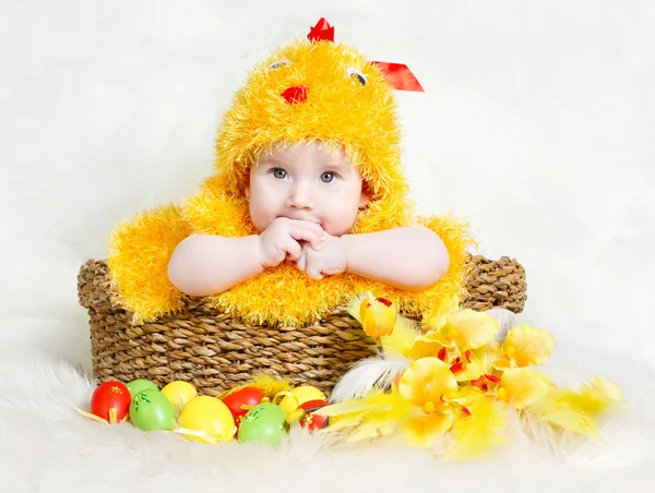 Bebé en cesta de Pascua con huevos en traje de pollo — Foto de Stock