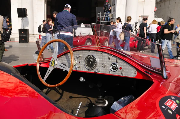 Red stanguellini Barchetta vintage car at 1000 Miglia vintage car race in Brescia — Stock Photo, Image