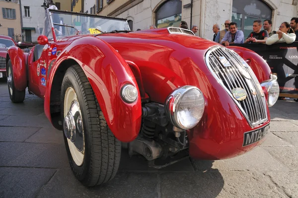 1950 built red Healey Silverstone at 1000 Miglia vintage car race in Brescia — Stock Photo, Image