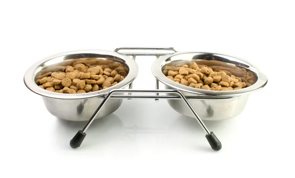 Cat Food in a Silver Bowls — Stock Photo, Image