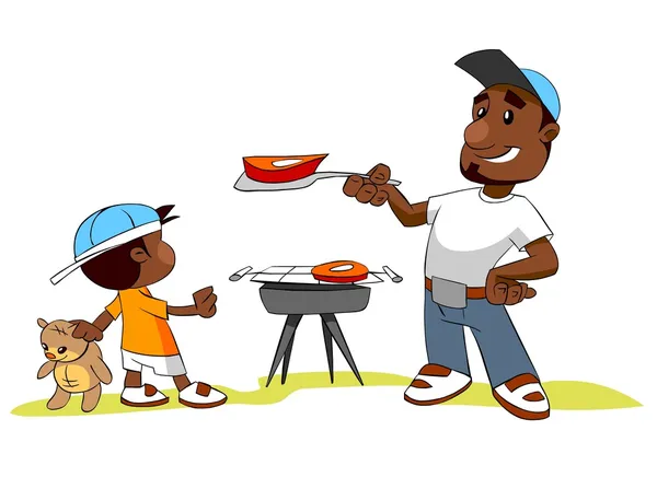 Άνθρωπος και του γιος μαγείρεμα κρέας στο μπάρμπεκιου σχάρα — Διανυσματικό Αρχείο