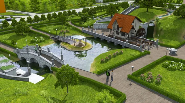 stock image Recreation area with a pond and a bridge.