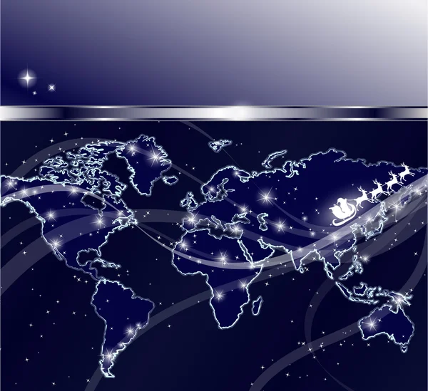 Άγιος Βασίλης που πετάει πάνω από το χάρτη του κόσμου από τη νύχτα αστέρι — Διανυσματικό Αρχείο