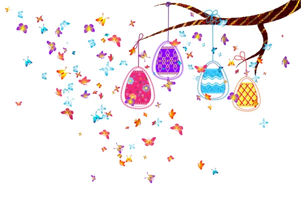 Colgando huevos de Pascua con mariposas — Archivo Imágenes Vectoriales