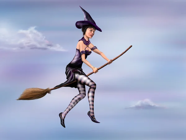 Hexe reitet auf ihrem Besen — Stockfoto
