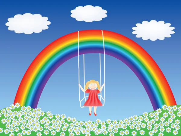 Flicka i en gunga som hänger på rainbow — Stock vektor