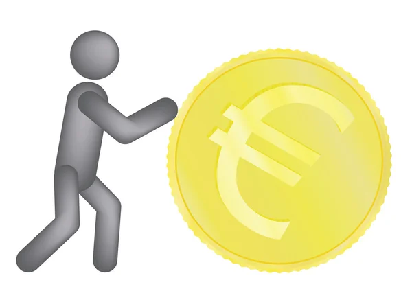Man rolling golden euro coin — Stock Vector