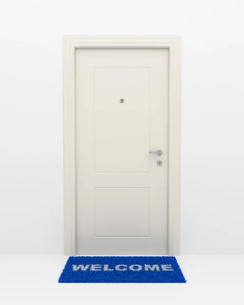 A porta branca e tapete azul . — Fotografia de Stock