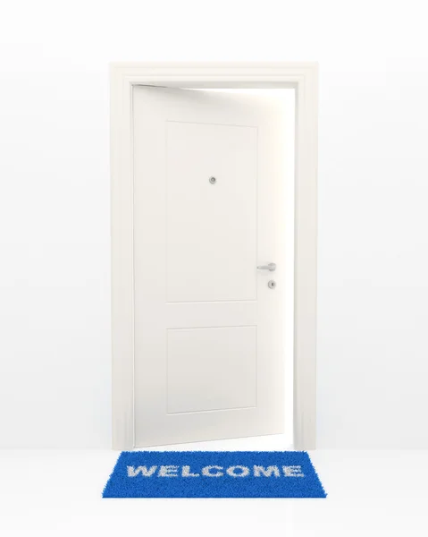Die weiße Tür und der blaue Teppich. — Stockfoto