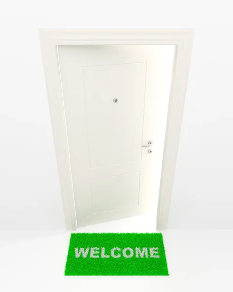 A porta branca e tapete verde . — Fotografia de Stock