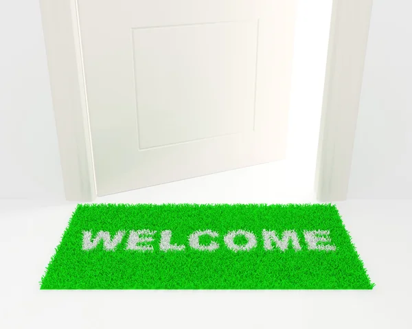 Die weiße Tür und der grüne Teppich. — Stockfoto