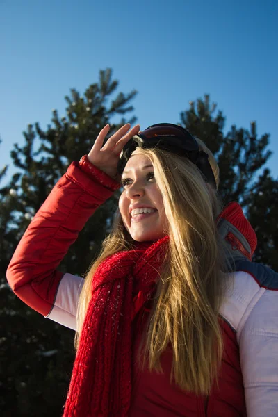 Kvinna i vinter sport slitage titta på horisonten — Stockfoto