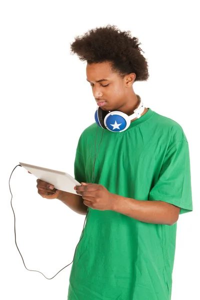 黑人男孩与平板电脑 — 图库照片