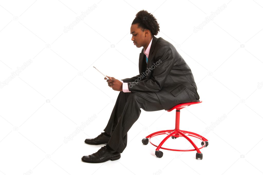 Black business man with tablet PC
